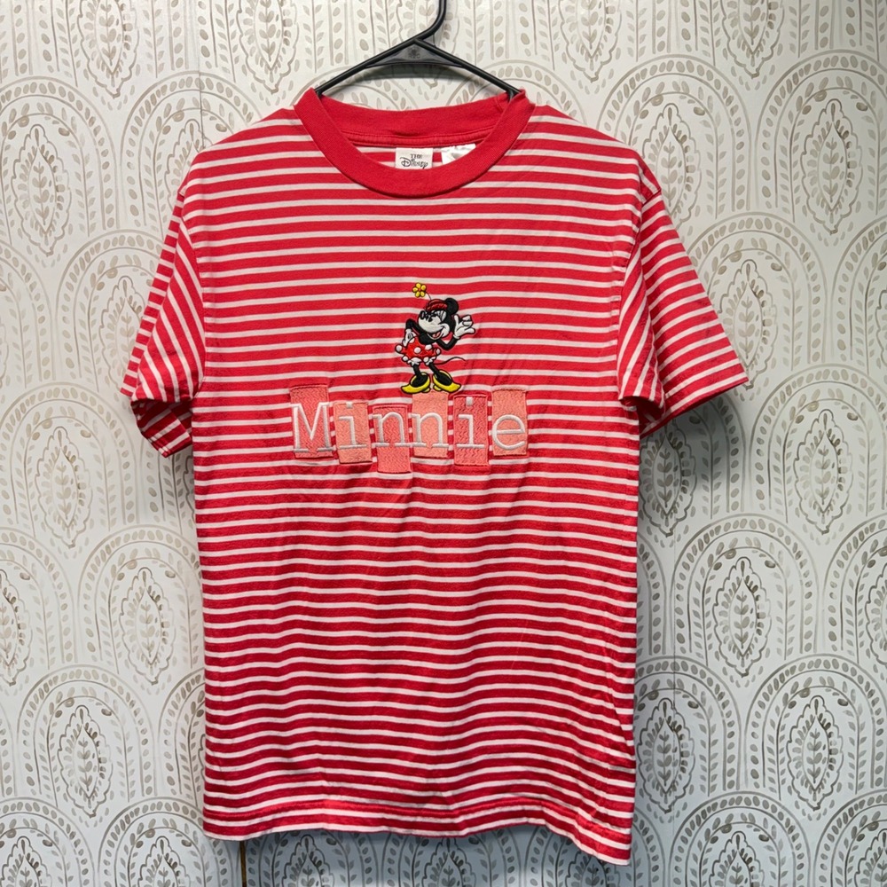 Disney Store T-Shirt Women Small Red Minnie Mouse Embroidered Striped Vintage